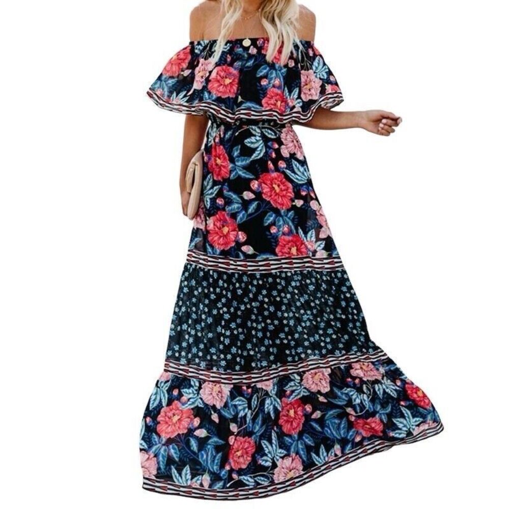 Vici Floral Mixed Print Multi Colored Off The Shoulder Maxi Dress Size Small